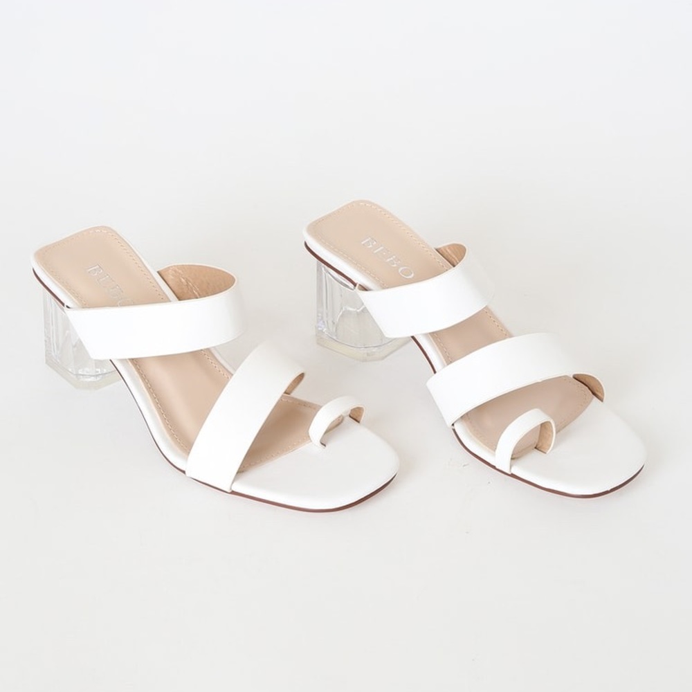 Ruffle White Toe-Loop Lucite Heels Square Toe